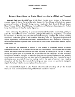 Statue of Bharat Ratna Lal Bhadur Shastri Unveiled at LBSI Airport,Varanasi