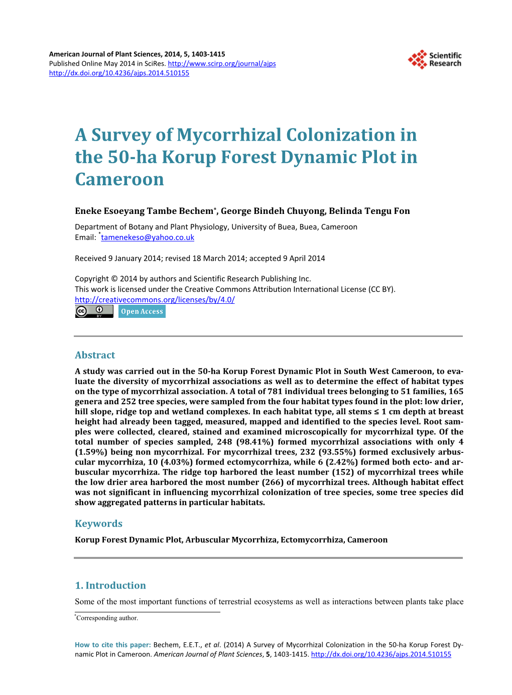 A Survey of Mycorrhizal Colonization in the 50-Ha Korup Forest Dynamic Plot in Cameroon