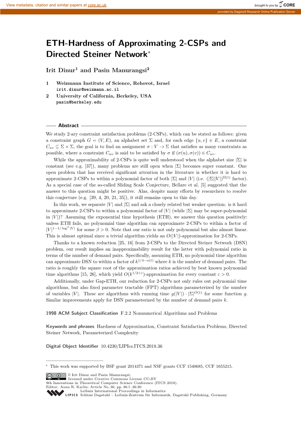 ETH-Hardness of Approximating 2-Csps and Directed Steiner Network∗