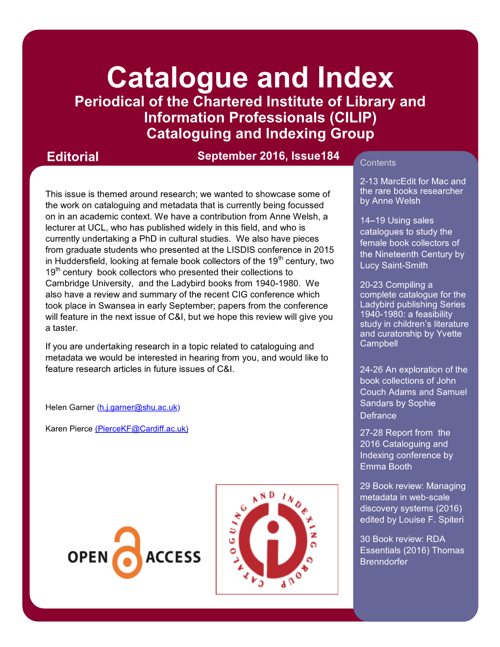 Cataloguing and Indexing Group September 2016, Issue184 Editorial Contents