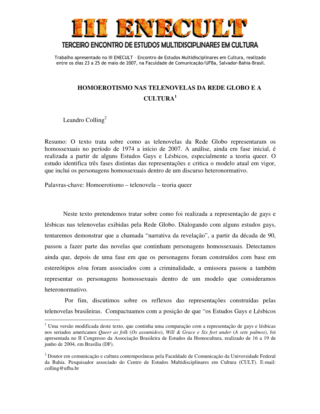 Homoerotismo Nas Telenovelas Da Rede Globo E a Cultura 1