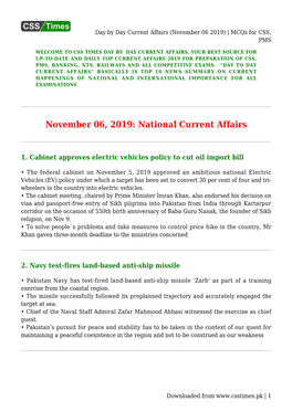 Day by Day Current Affairs (November 06 2019) | Mcqs for CSS, PMS