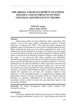 The Origin and Development of Ethnic Politics and Its Impacts on Post Colonial Governance in Nigeria