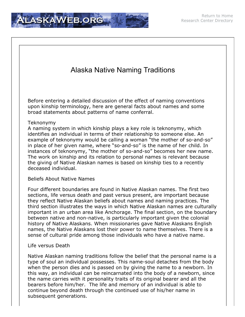 Alaska Native Naming Traditions