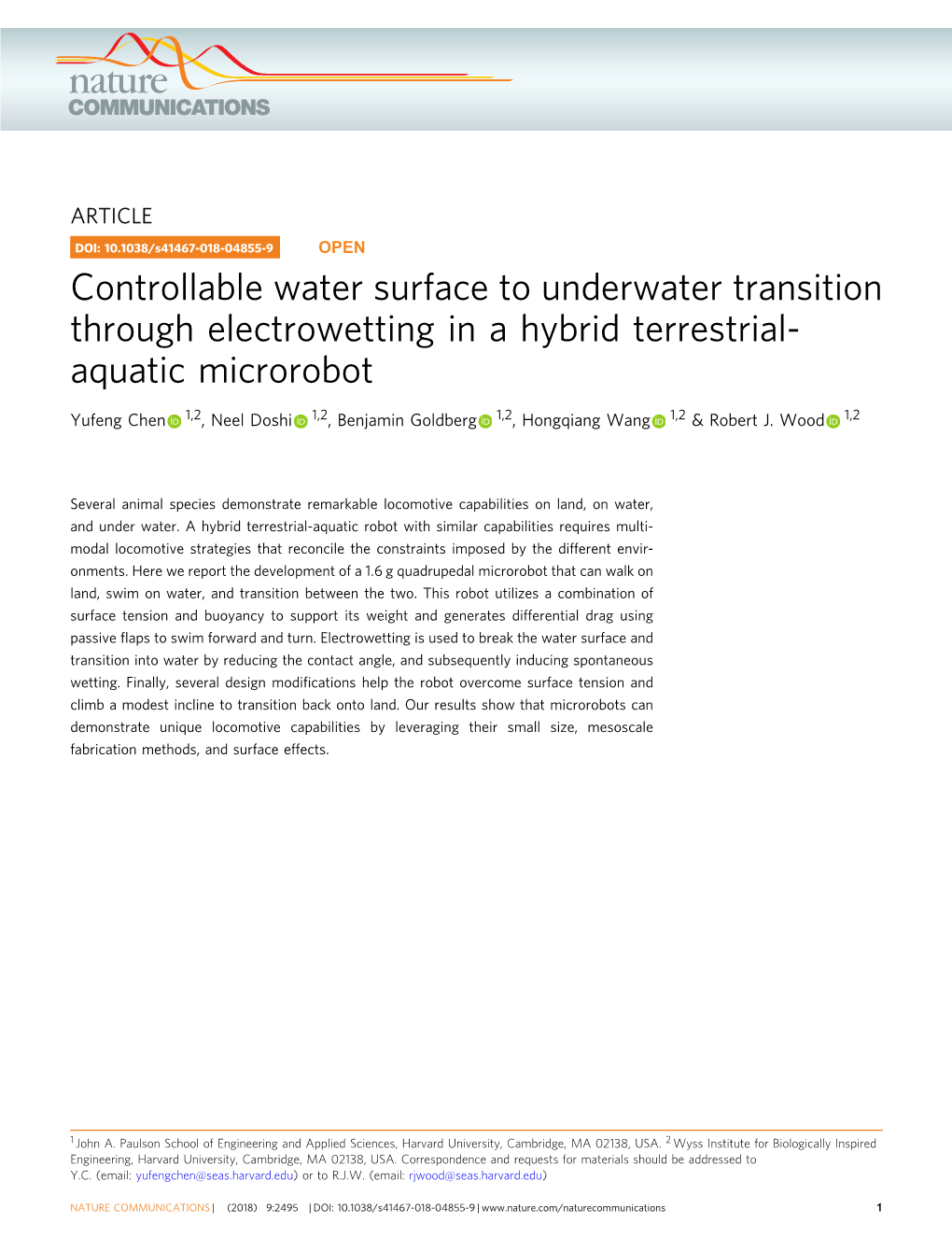 Controllable Water Surface to Underwater Transition Through Electrowetting in a Hybrid Terrestrial-Aquatic Microrobot