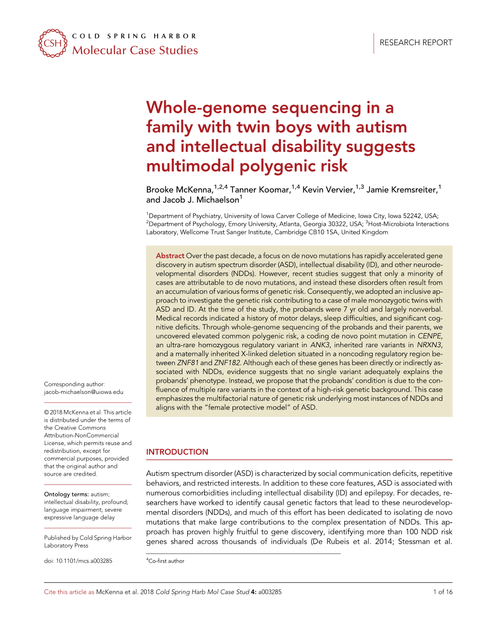 Whole-Genome Sequencing in a Family with Twin Boys with Autism and Intellectual Disability Suggests Multimodal Polygenic Risk
