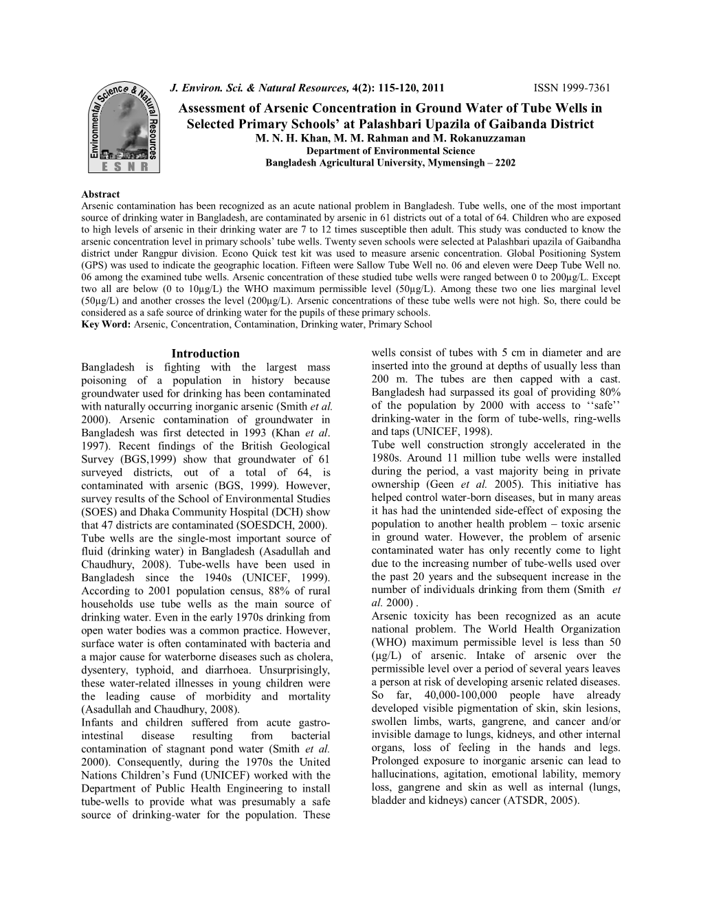 Assessment of Arsenic Concentration in Ground Water of Tube Wells in Selected Primary Schools’ at Palashbari Upazila of Gaibanda District M