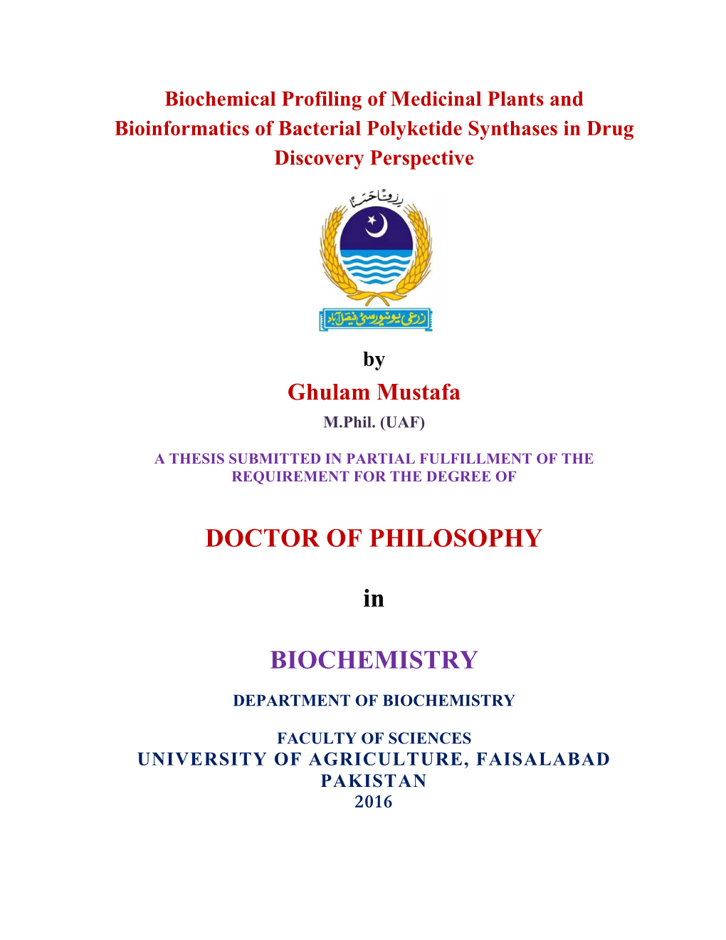 DOCTOR of PHILOSOPHY in BIOCHEMISTRY