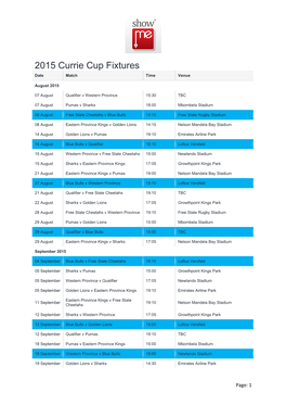2015 Currie Cup Fixtures Date Match Time Venue
