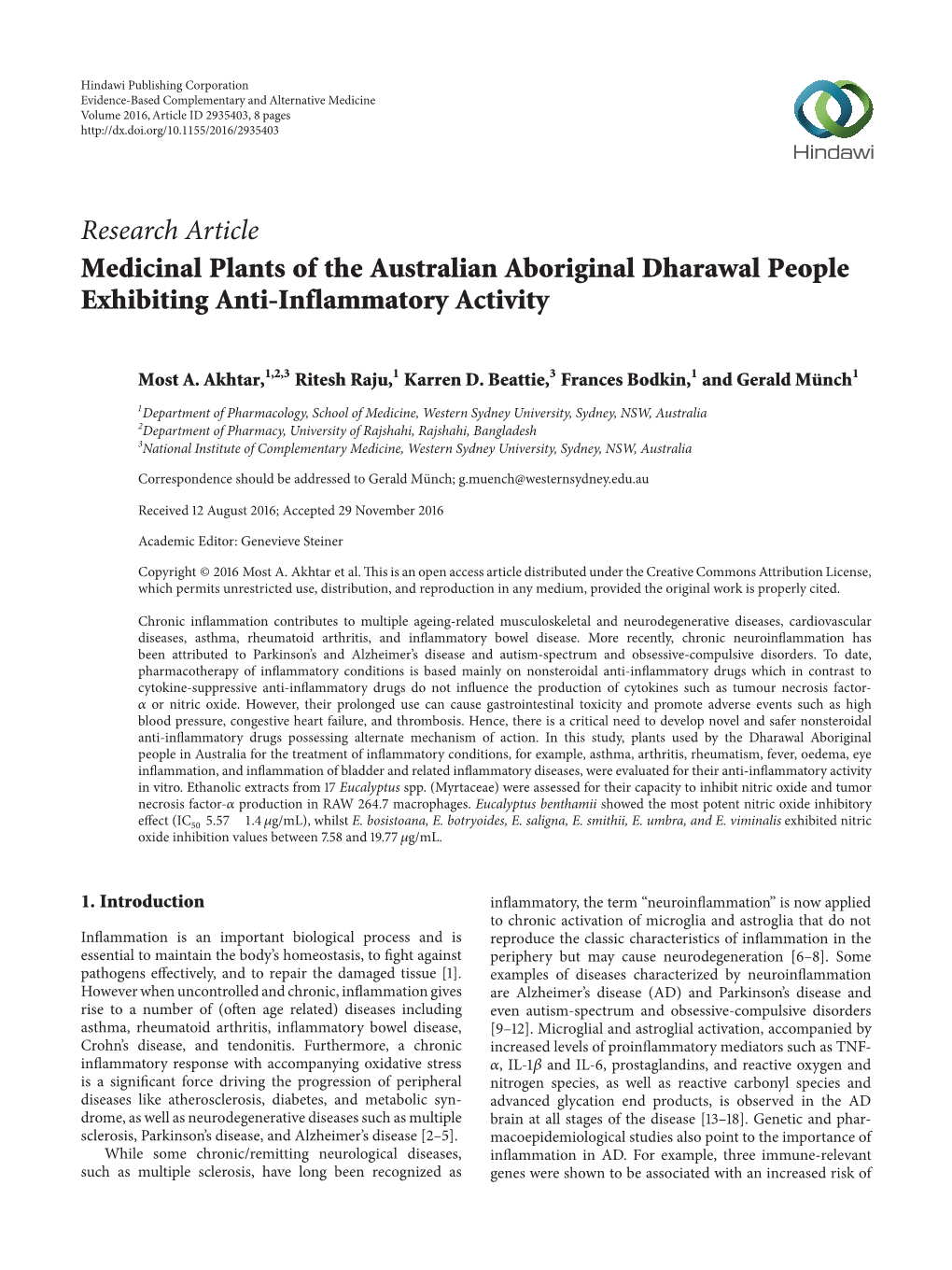 Medicinal Plants of the Australian Aboriginal Dharawal People Exhibiting Anti-Inflammatory Activity