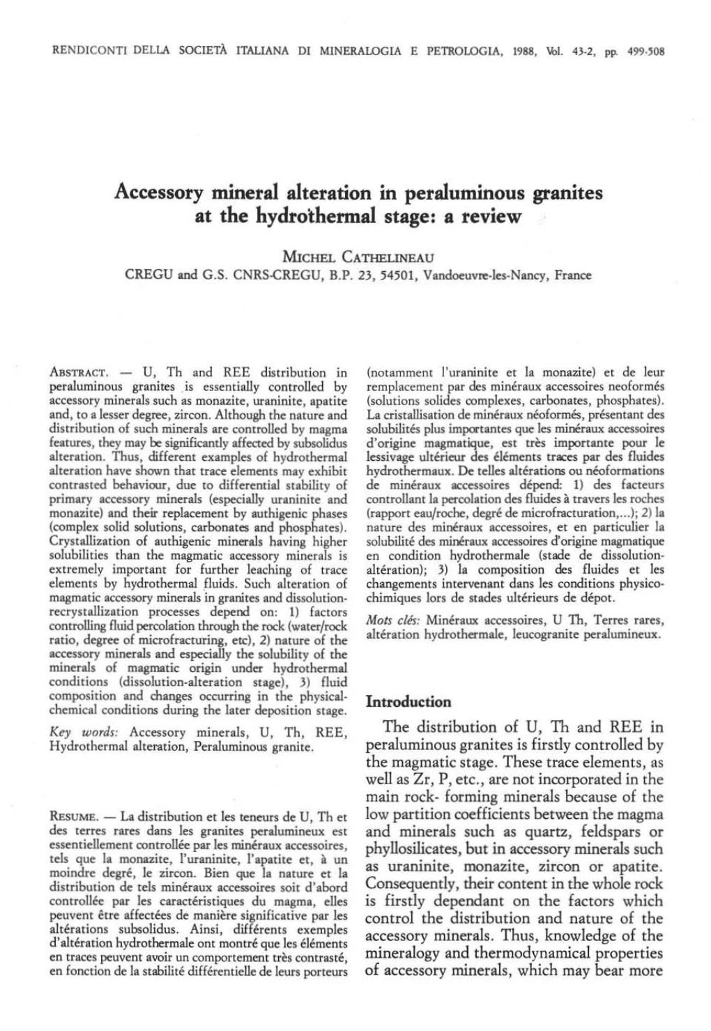 Accessory Mineral Alteration in Peraluminous Granites at the Hydro~Hermal Stage: a Review