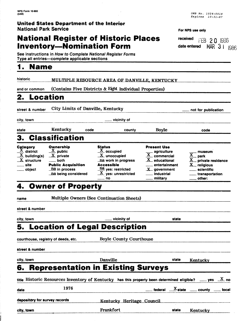 National Register of Historic Places Inventory Nomination Form 1. Name 2. Location 6. Representation in Existing Surveys___