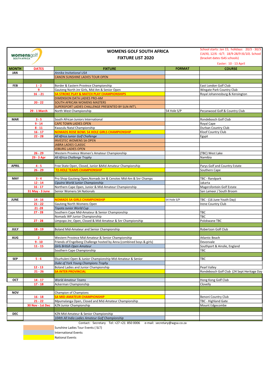 Womens Golf South Africa Fixture List 2020