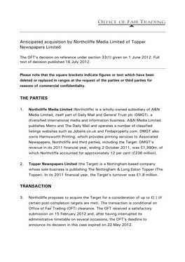 Full Text of the Decision Regarding the Anticipated Acquisition by Northcliffe Media Limited of Topper Newspapers Limited