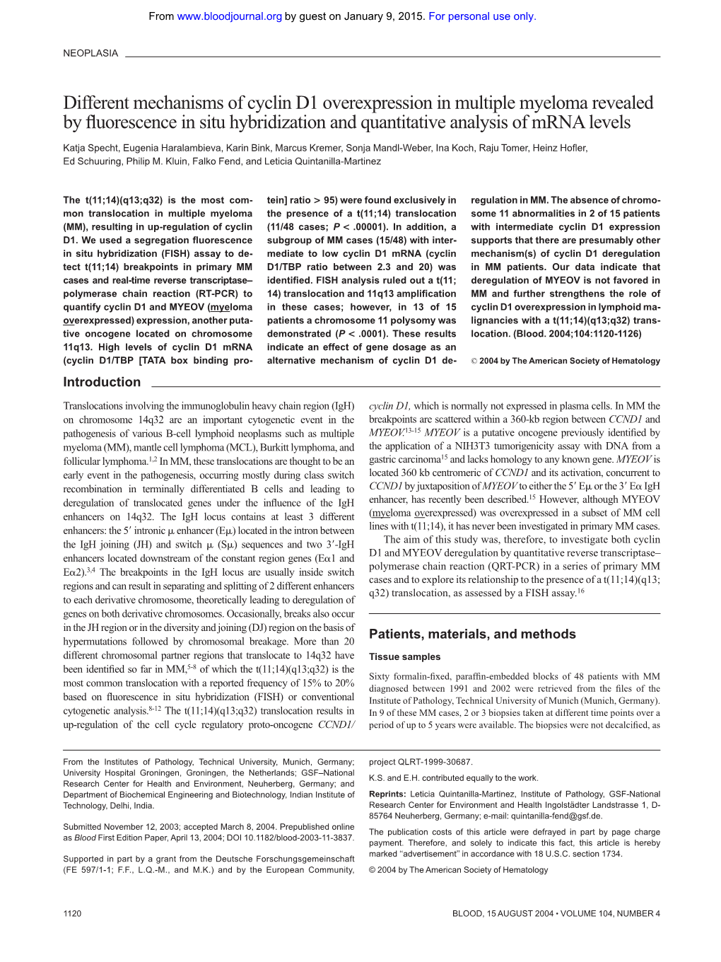 Different Mechanisms of Cyclin D1 Overexpression in Multiple Myeloma Revealed by Fluorescence in Situ Hybridization and Quantitative Analysis of Mrna Levels