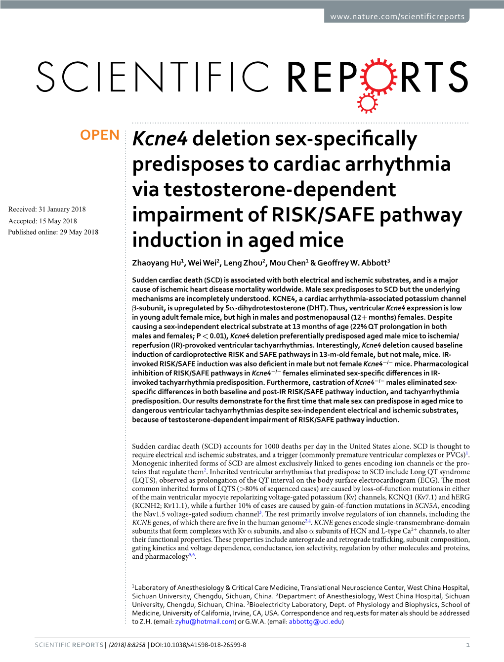 Kcne4 Deletion Sex-Specifically Predisposes to Cardiac Arrhythmia