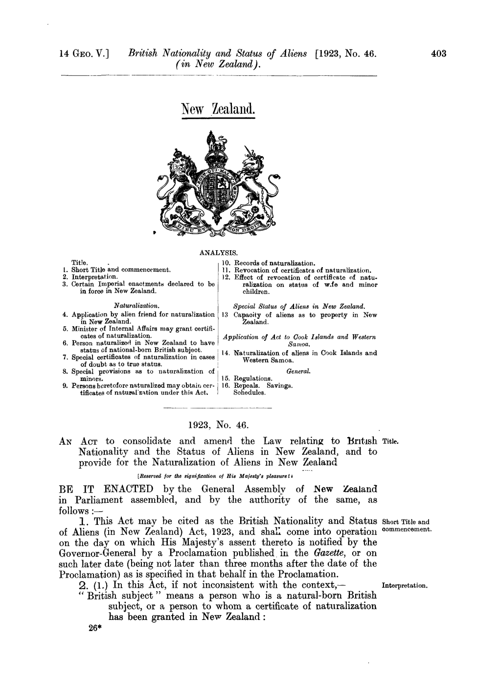 13 GEO V 1923 No 46 British Nationality and Status Of