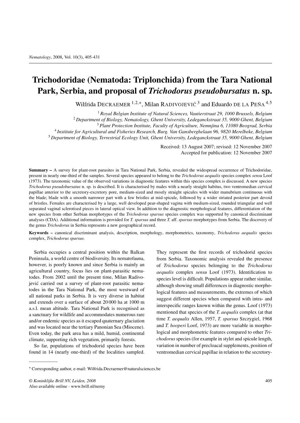 From the Tara National Park, Serbia, and Proposal of Trichodorus Pseudobursatus N. Sp