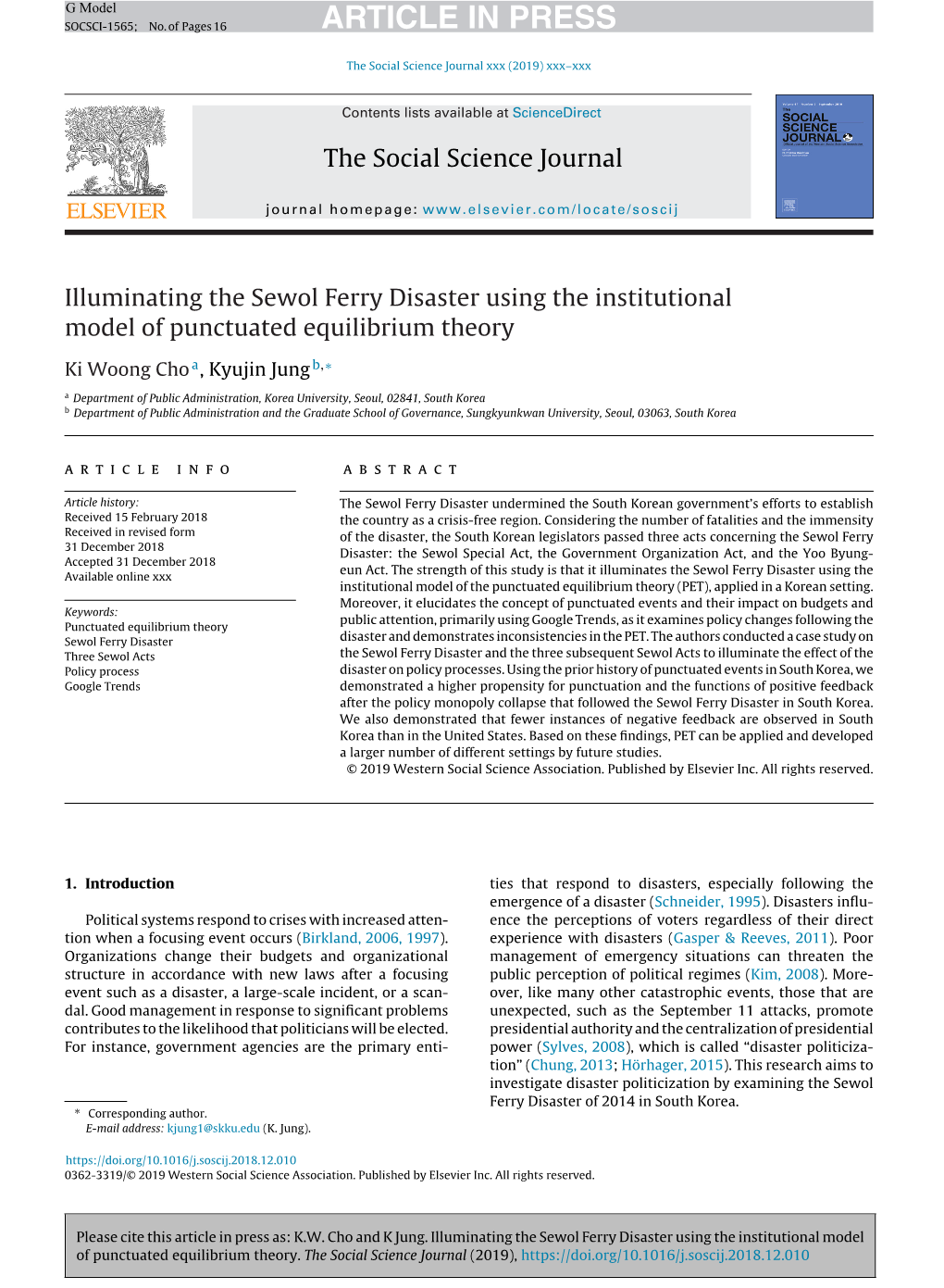 Illuminating the Sewol Ferry Disaster Using the Institutional Model Of