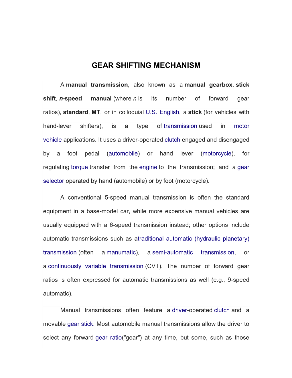 Gear Shifting Mechanism