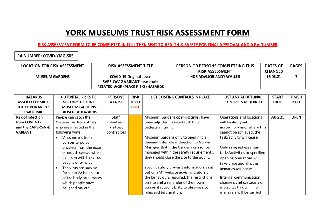 York Museums Trust Risk Assessment Form