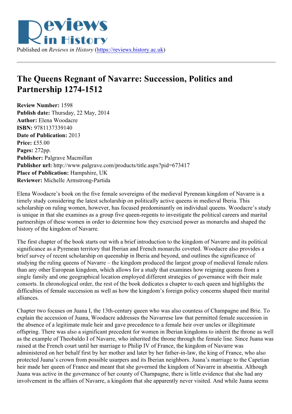 The Queens Regnant of Navarre: Succession, Politics and Partnership 1274-1512