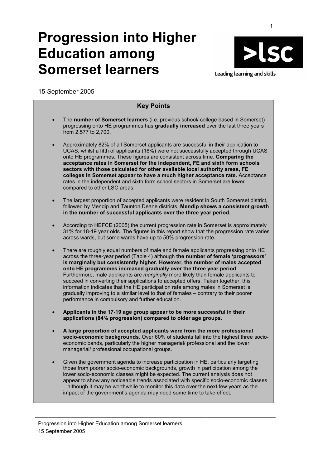 Progression Into Higher Education Among Somerset Learners