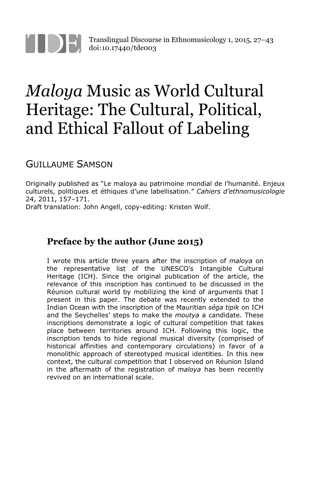 Maloya Music As World Cultural Heritage: the Cultural, Political, and Ethical Fallout of Labeling