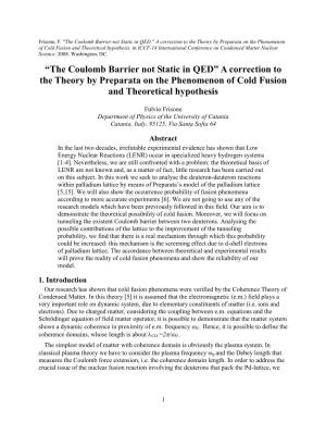 The Coulomb Barrier Not Static in QED," a Correction to the Theory by Preparata on the Phenomenon of Cold Fusion and Theoretical Hypothesis
