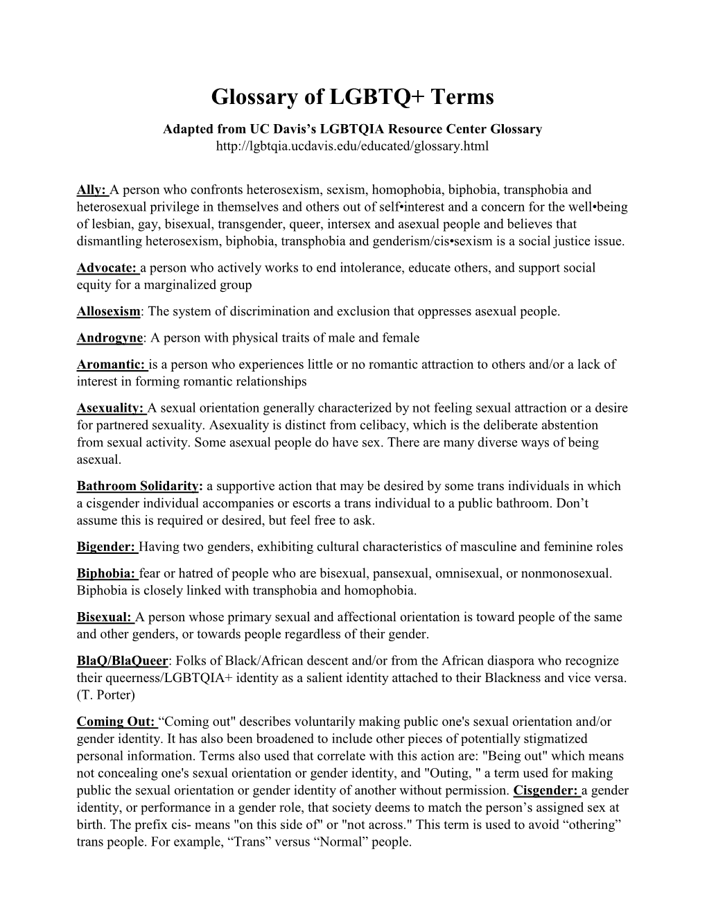 Glossary of LGBTQ+ Terms Adapted from UC Davis’S LGBTQIA Resource Center Glossary