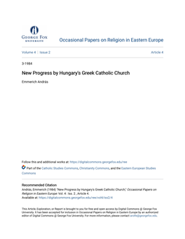 New Progress by Hungary's Greek Catholic Church