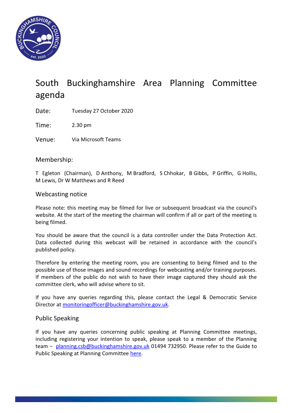 (Public Pack)Agenda Document for South Buckinghamshire Area Planning Committee, 27/10/2020 14:30