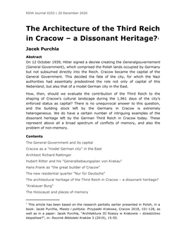 The Architecture of the Third Reich in Cracow – a Dissonant Heritage?1