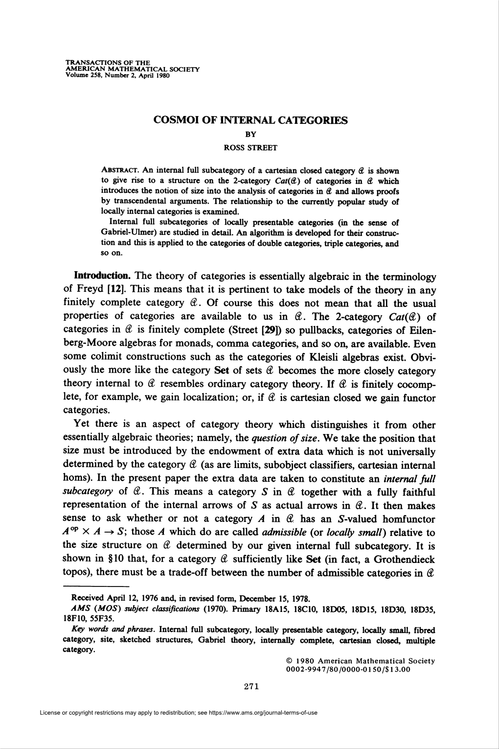 Cosmoi of Internal Categories by Ross Street