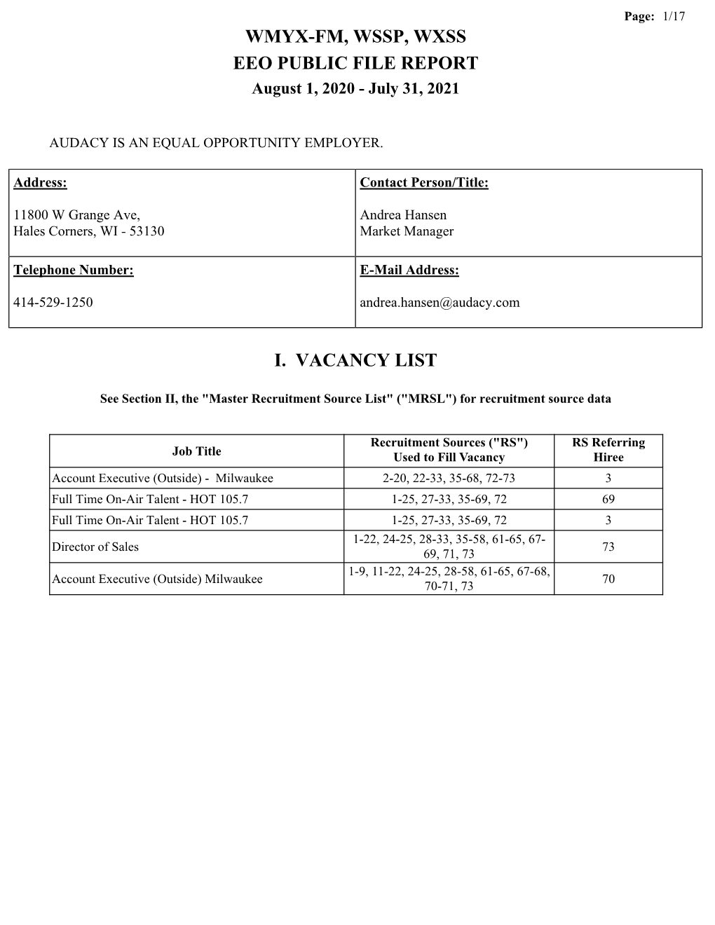 WMYX-FM, WSSP, WXSS EEO PUBLIC FILE REPORT August 1, 2020 - July 31, 2021