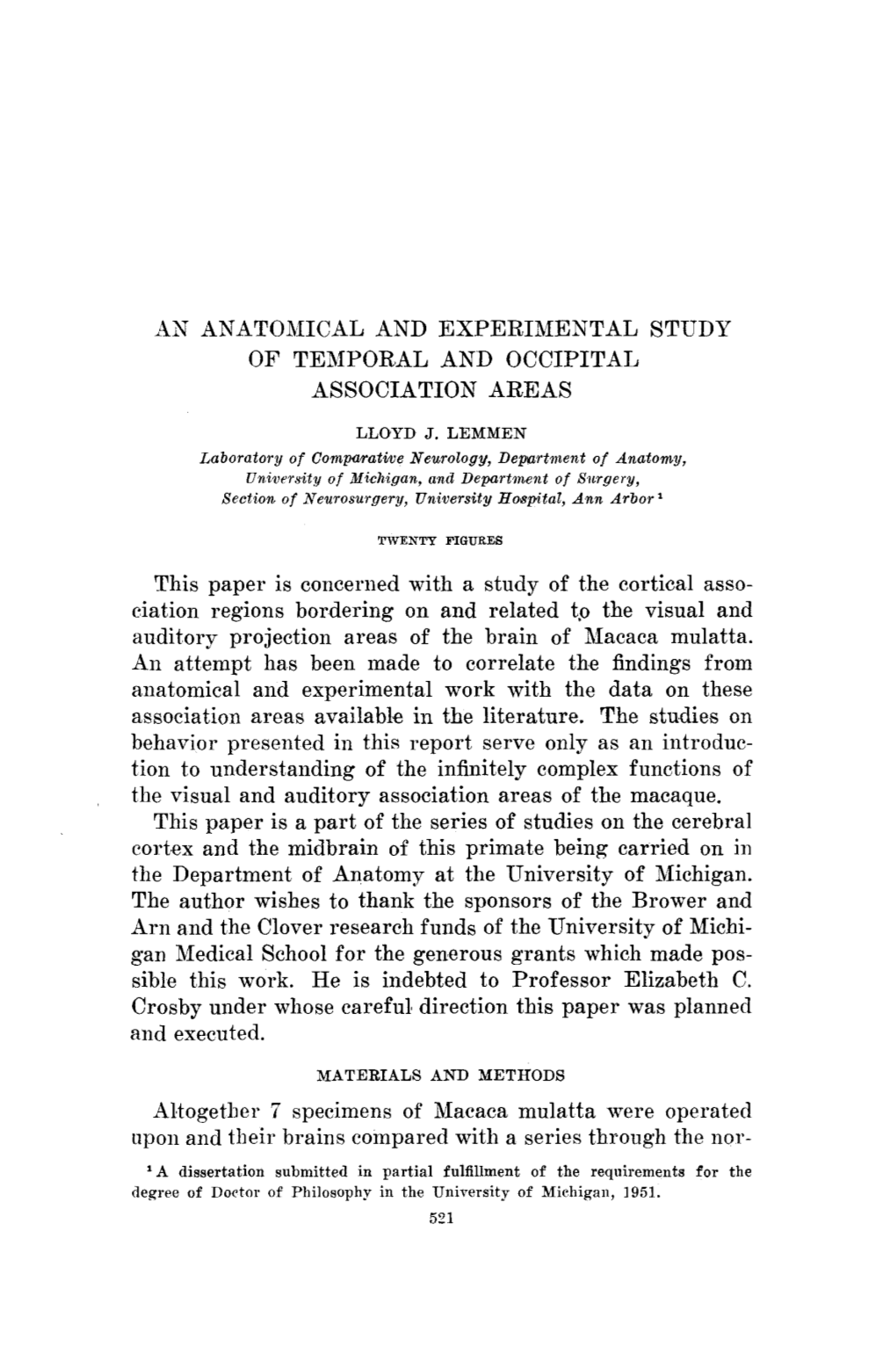 An Anatomical and Experimental Study of Temporal and Occipital Association Areas