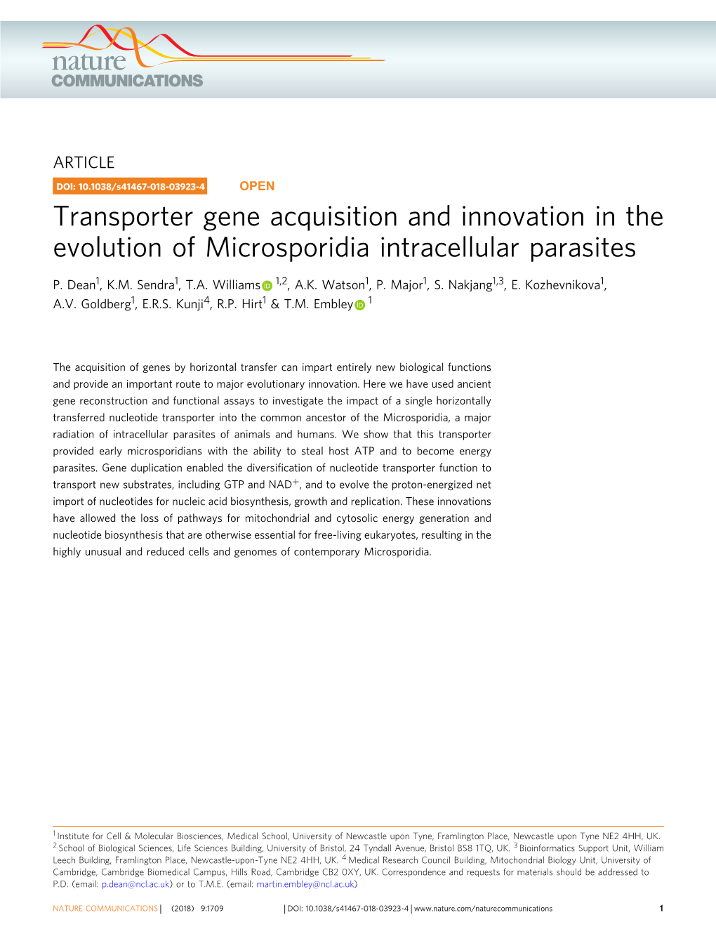 Transporter Gene Acquisition and Innovation in the Evolution of Microsporidia Intracellular Parasites