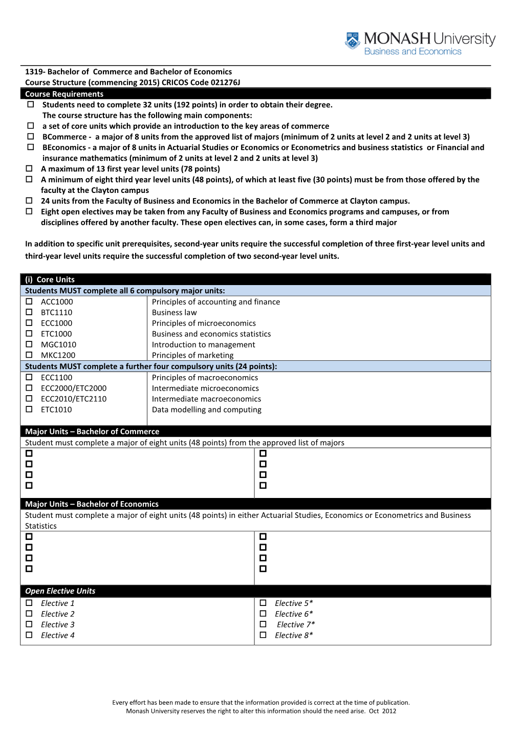 Bachelor of Commerce and Bachelor of Economics Course Structure