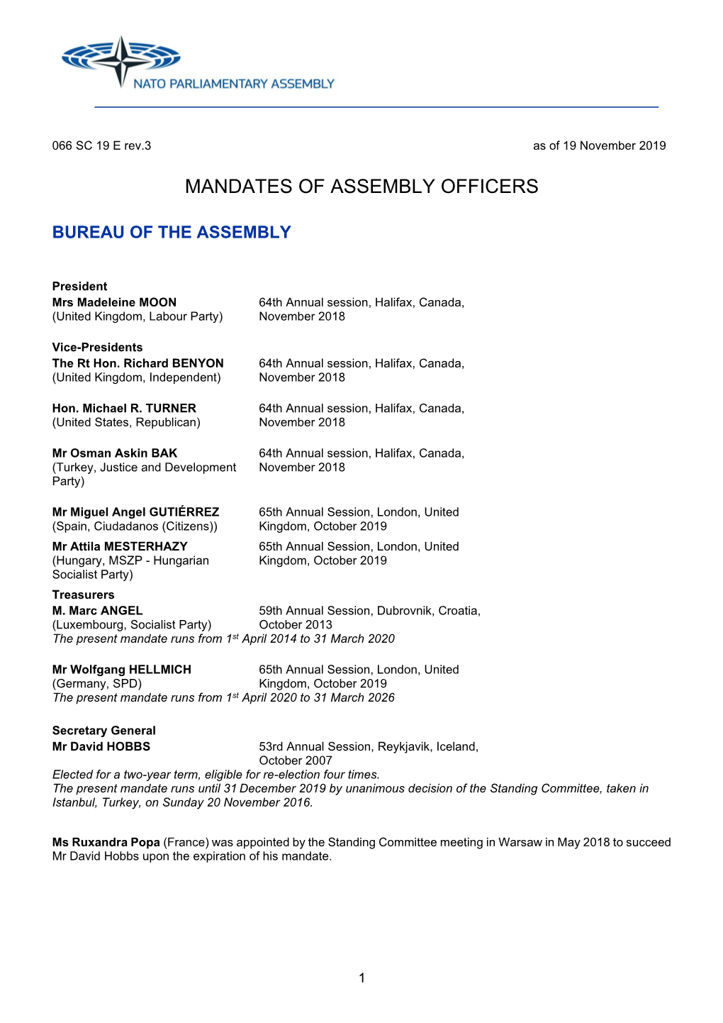 Mandates of Assembly Officers