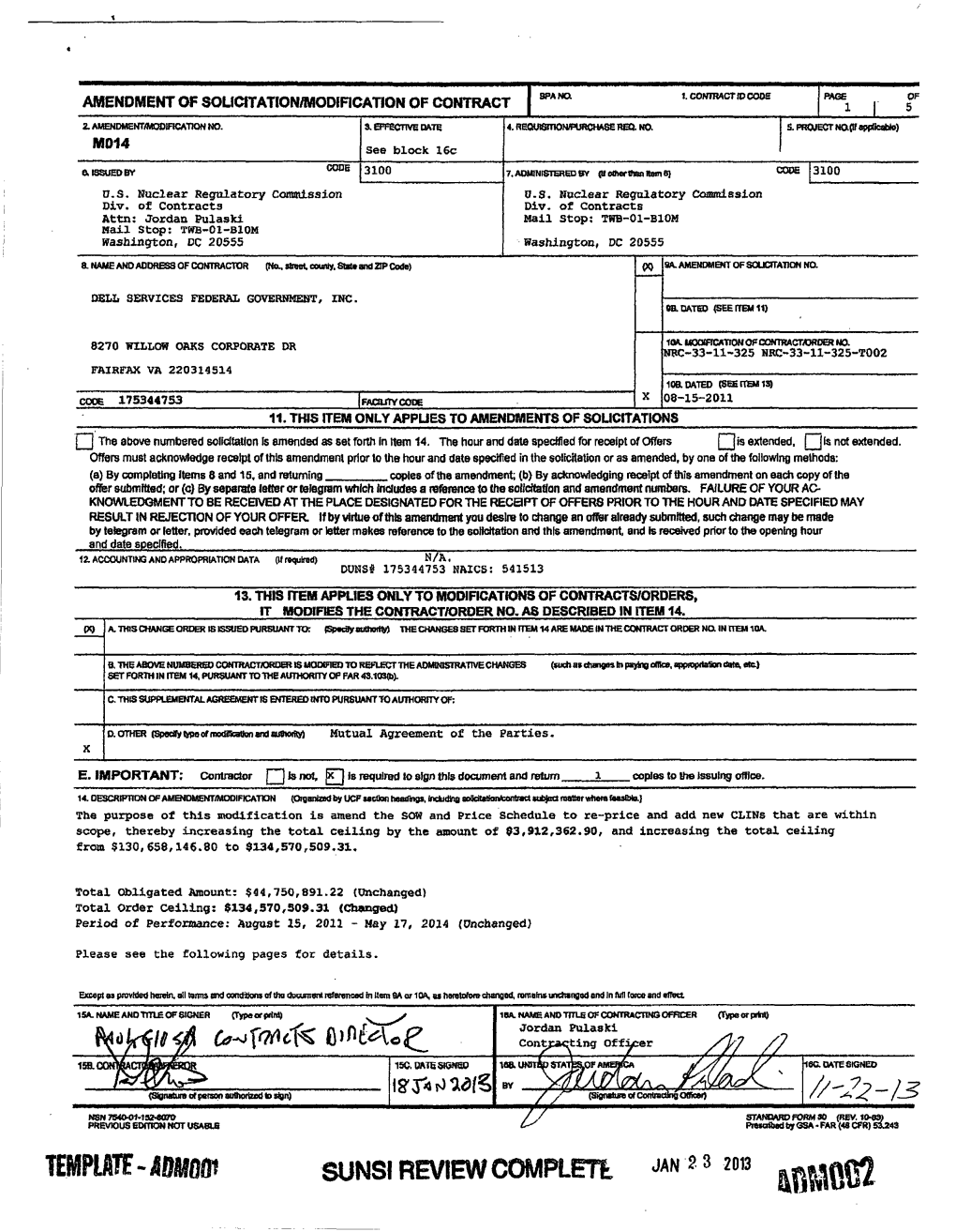 Modification No. 014 to Task Order No. NRC-002 Under Contract No