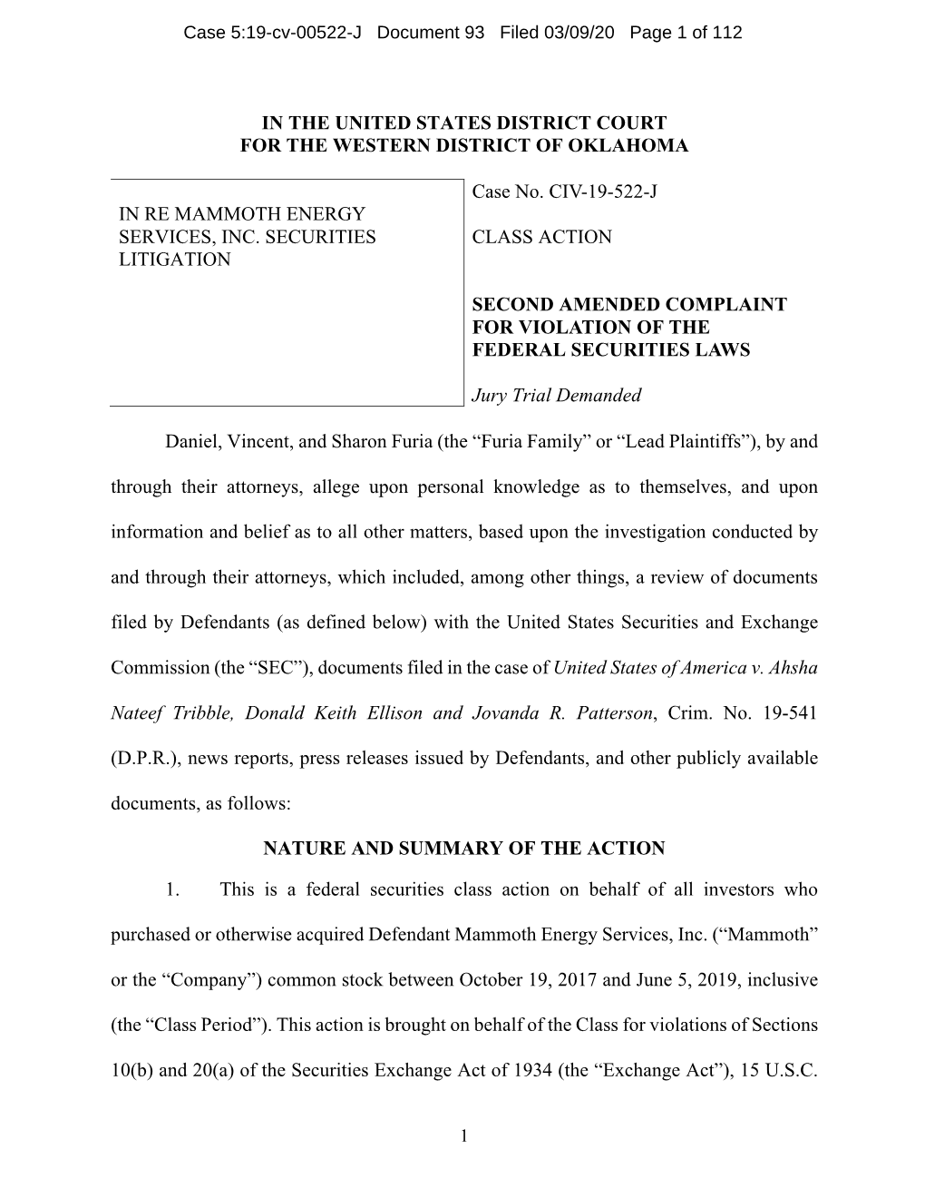 In the United States District Court for the Western District of Oklahoma in Re Mammoth Energy Services, Inc. Securities Litigati