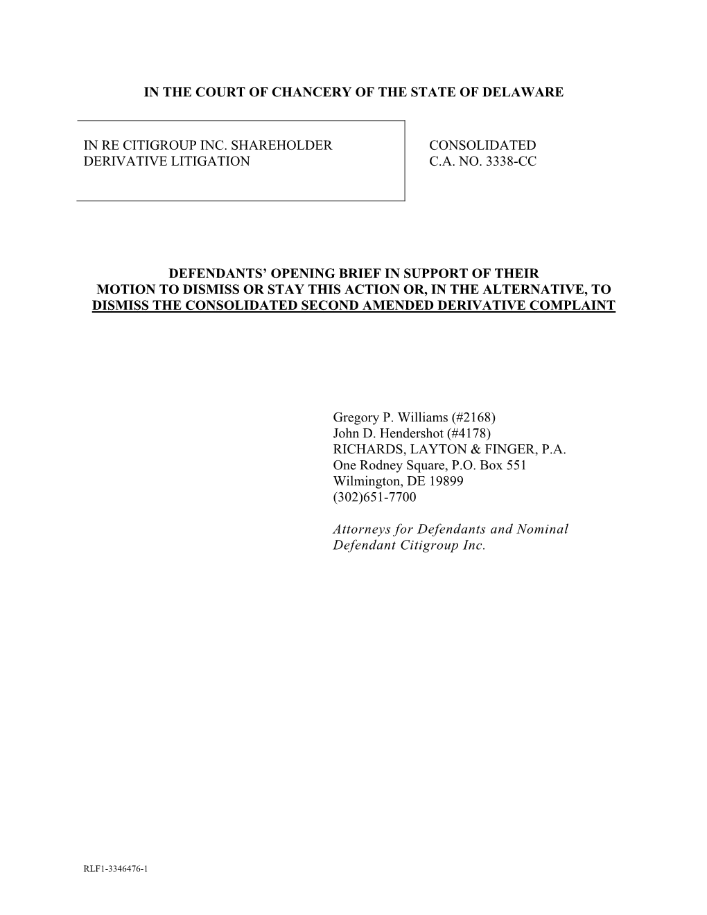 Defendants Opening Brief, in Re Citigroup Inc. Shareholders