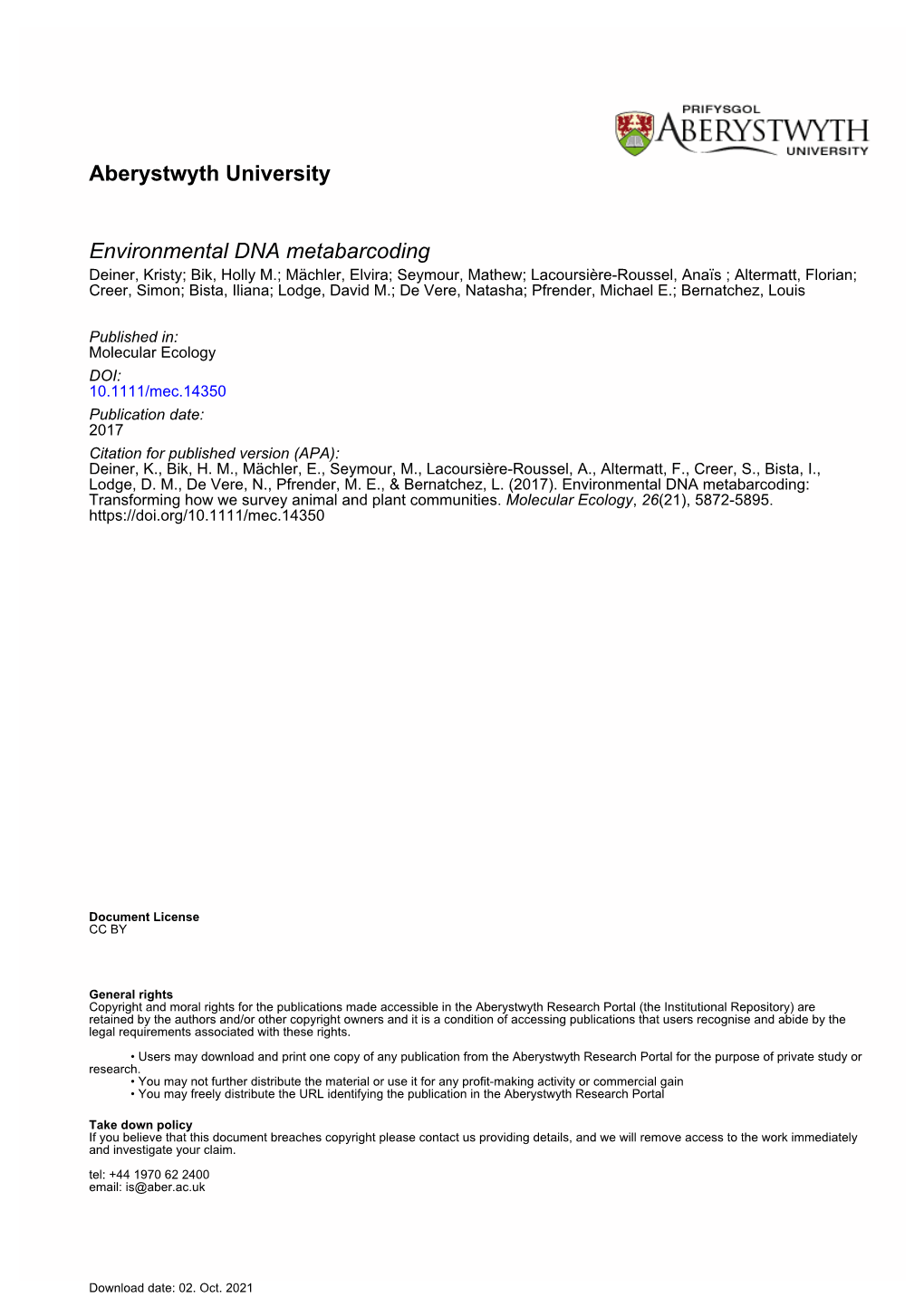 Environmental DNA Metabarcoding: Transforming How We Survey Animal and Plant Communities