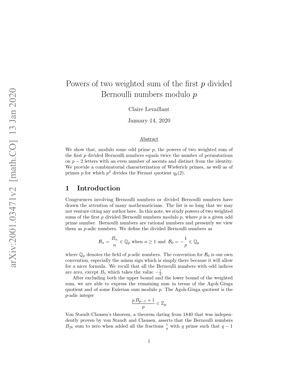 Powers of Two Weighted Sum of the First P Divided Bernoulli Numbers