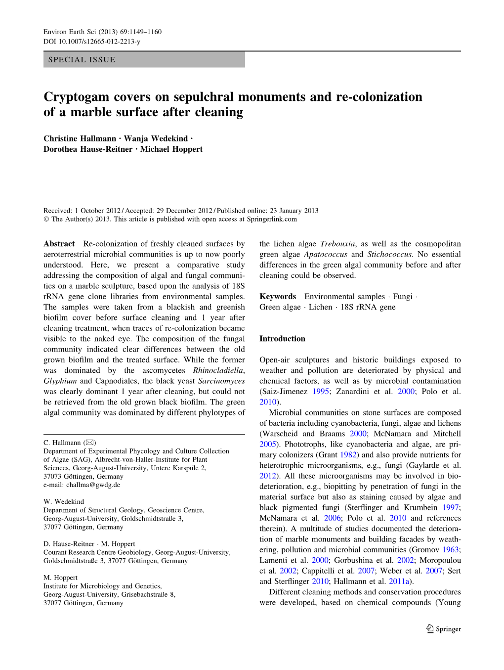 Cryptogam Covers on Sepulchral Monuments and Re-Colonization of a Marble Surface After Cleaning