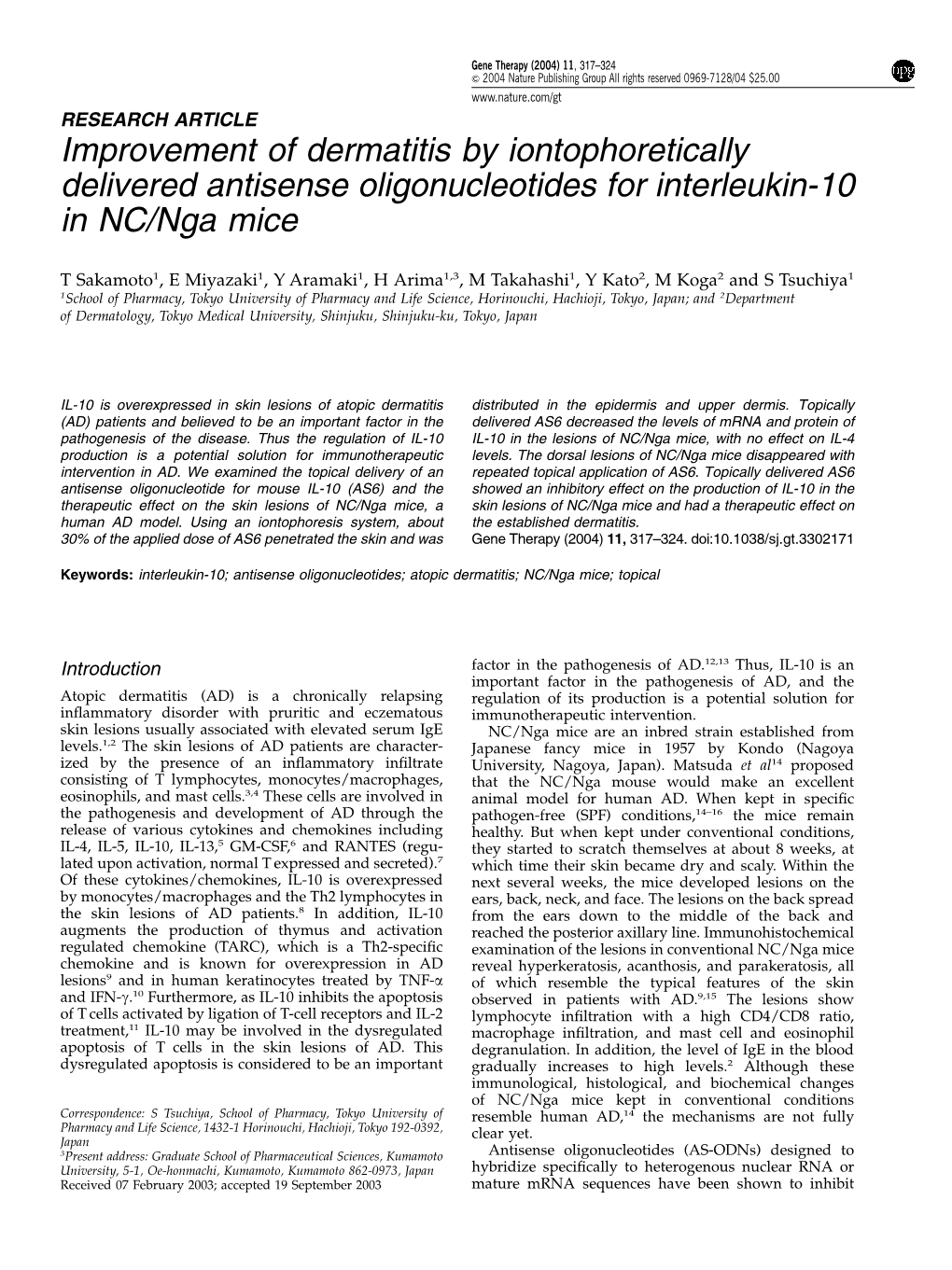 Improvement of Dermatitis by Iontophoretically Delivered Antisense Oligonucleotides for Interleukin-10 in NC/Nga Mice
