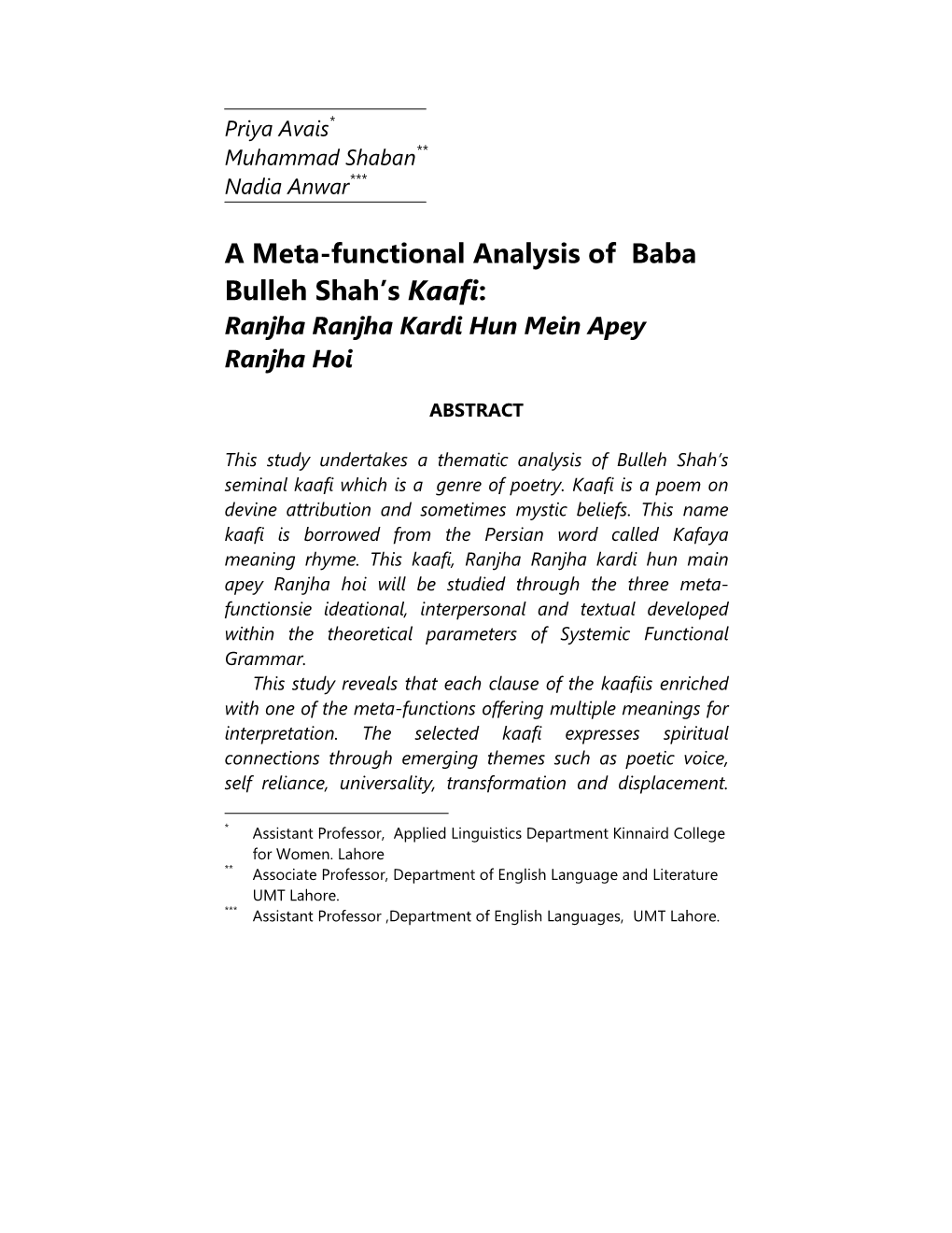 A Meta-Functional Analysis of Baba Bulleh Shah's Kaafi