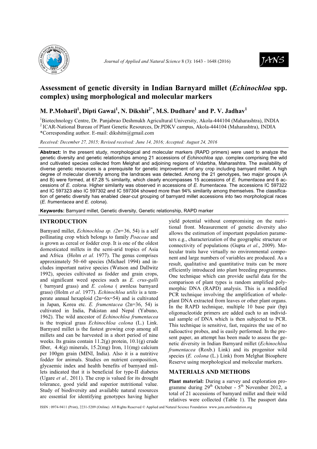 Echinochloa Spp. Complex) Using Morphological and Molecular Markers