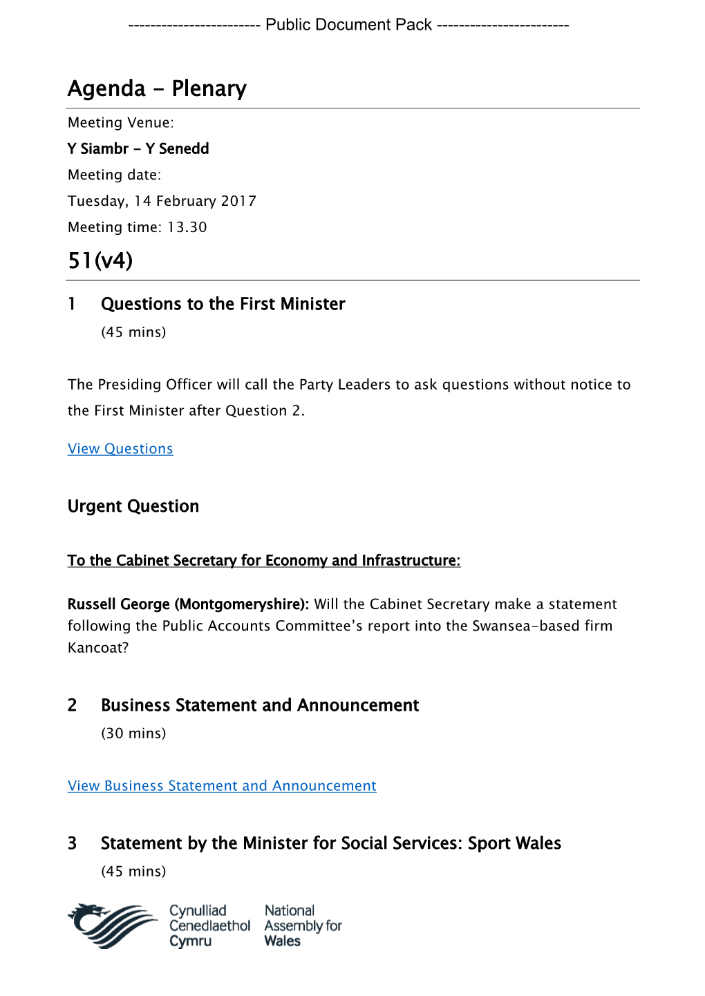 (Public Pack)Agenda Document for Plenary, 14/02/2017 13:30