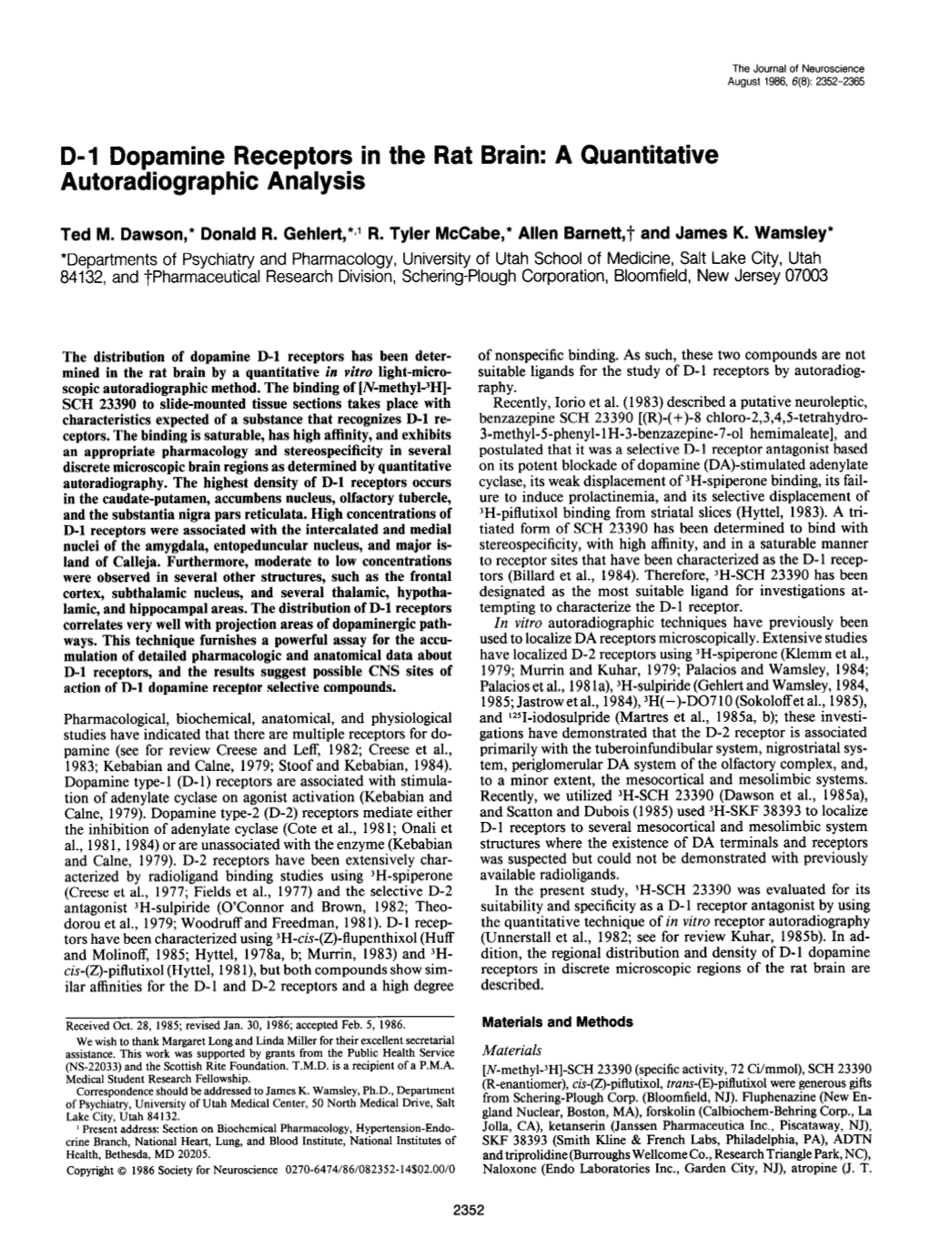 Dl Dopamine Receptors in the Rat Brain